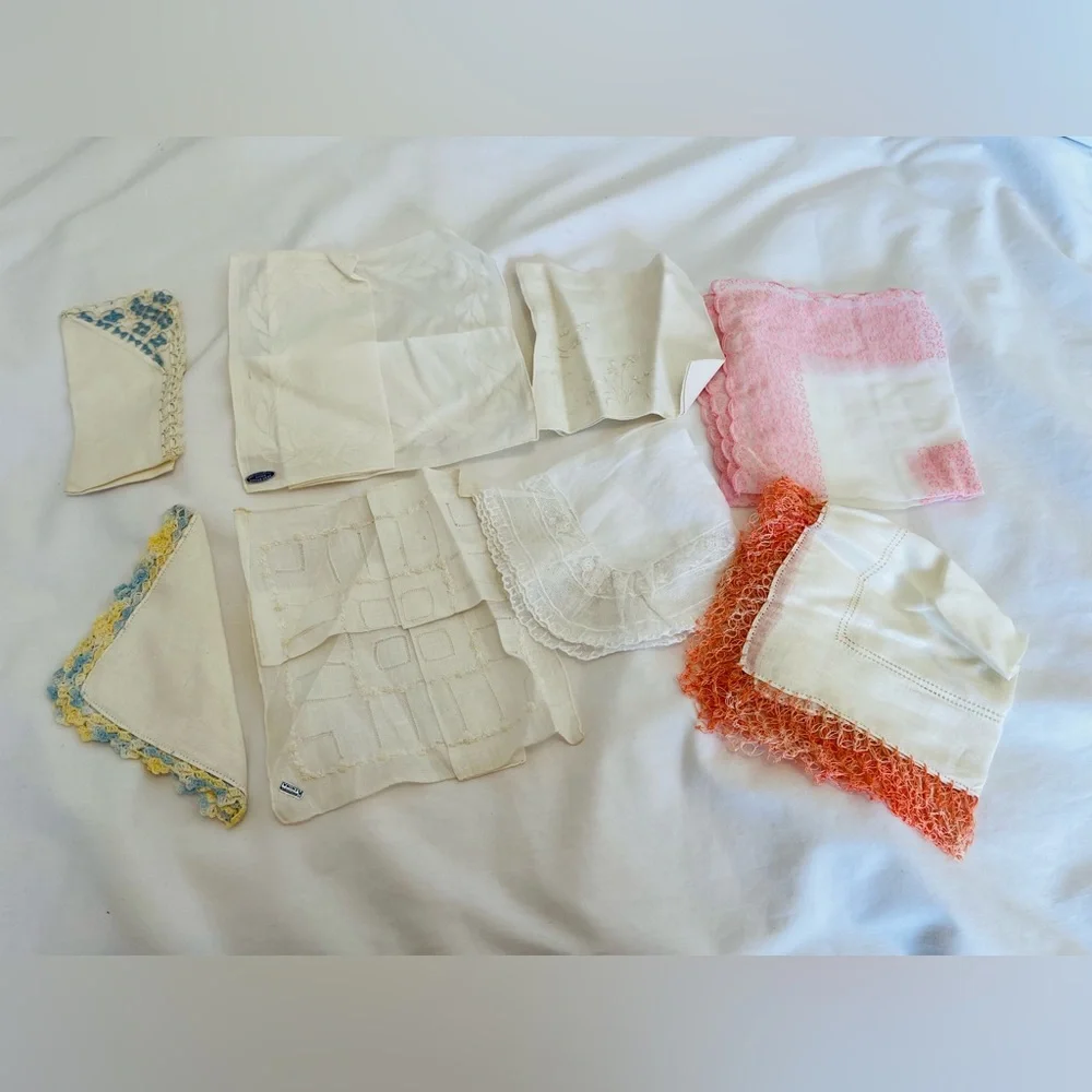 Lot of 8 Handkerchief Set, Linen, Cotton, Crochet New Vintage